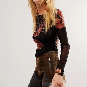 Free People Black Floral Long Sleeve Top